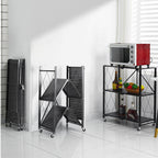 3 Tier Foldable Kitchen Shelves with Wheels Black