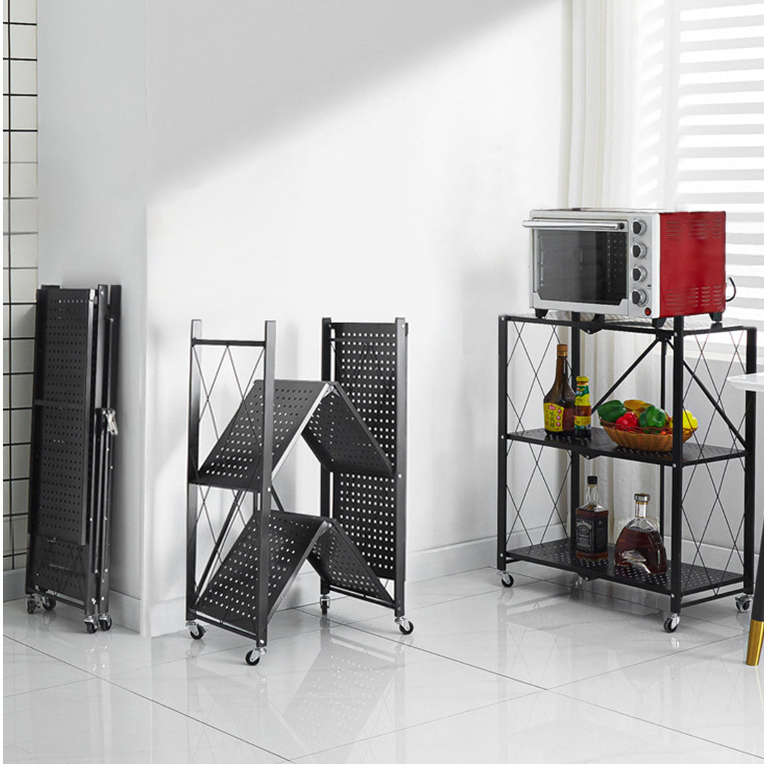 3 Tier Foldable Kitchen Shelves with Wheels Black