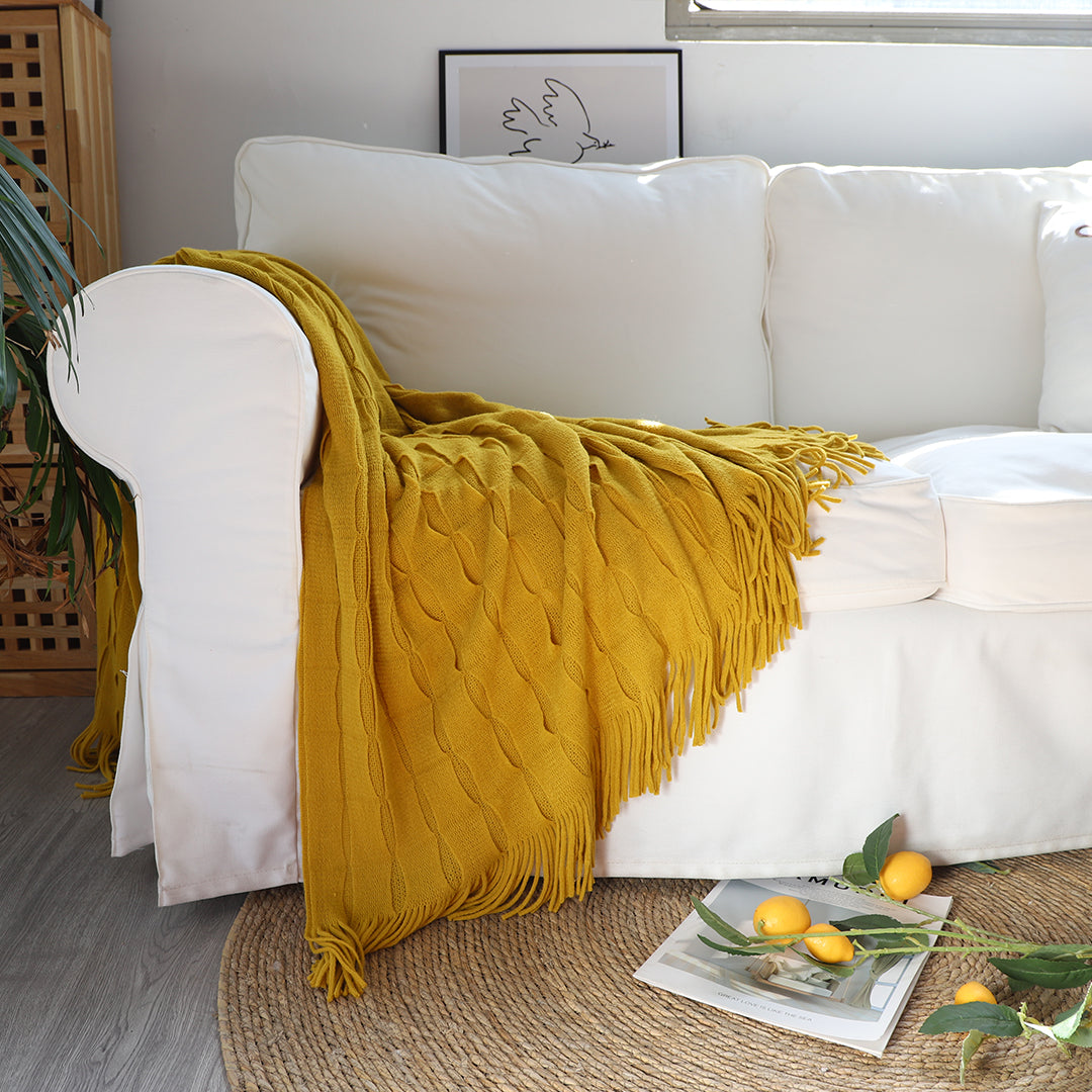Mustard Textured Knitted Throw Blanket