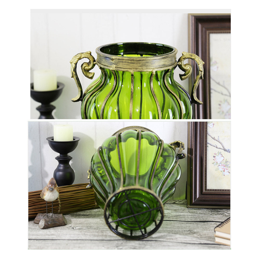 Green European Glass Flower Vase with Two Metal Handle