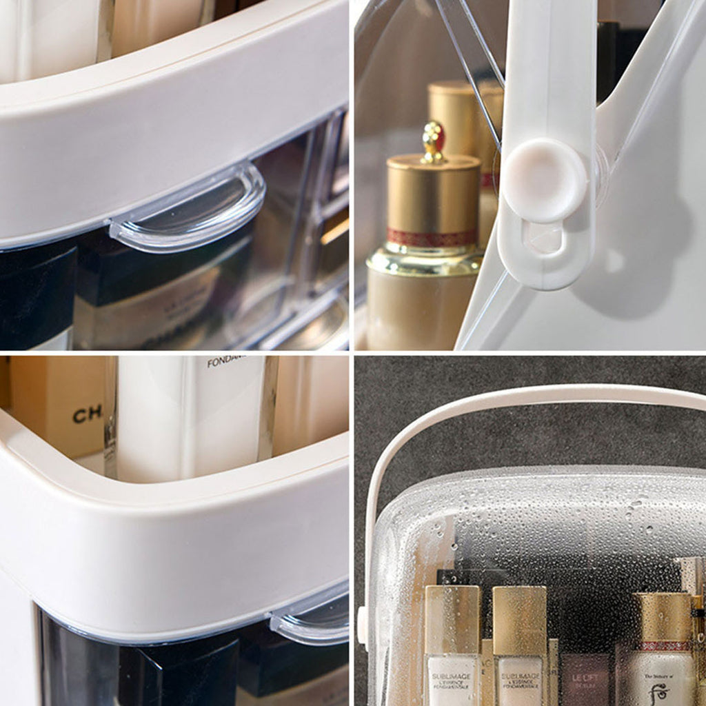 White 2 Tier Cosmetic Storage with Brush Lipstick Holder Organiser and LED Light Tabletop Mirror Set