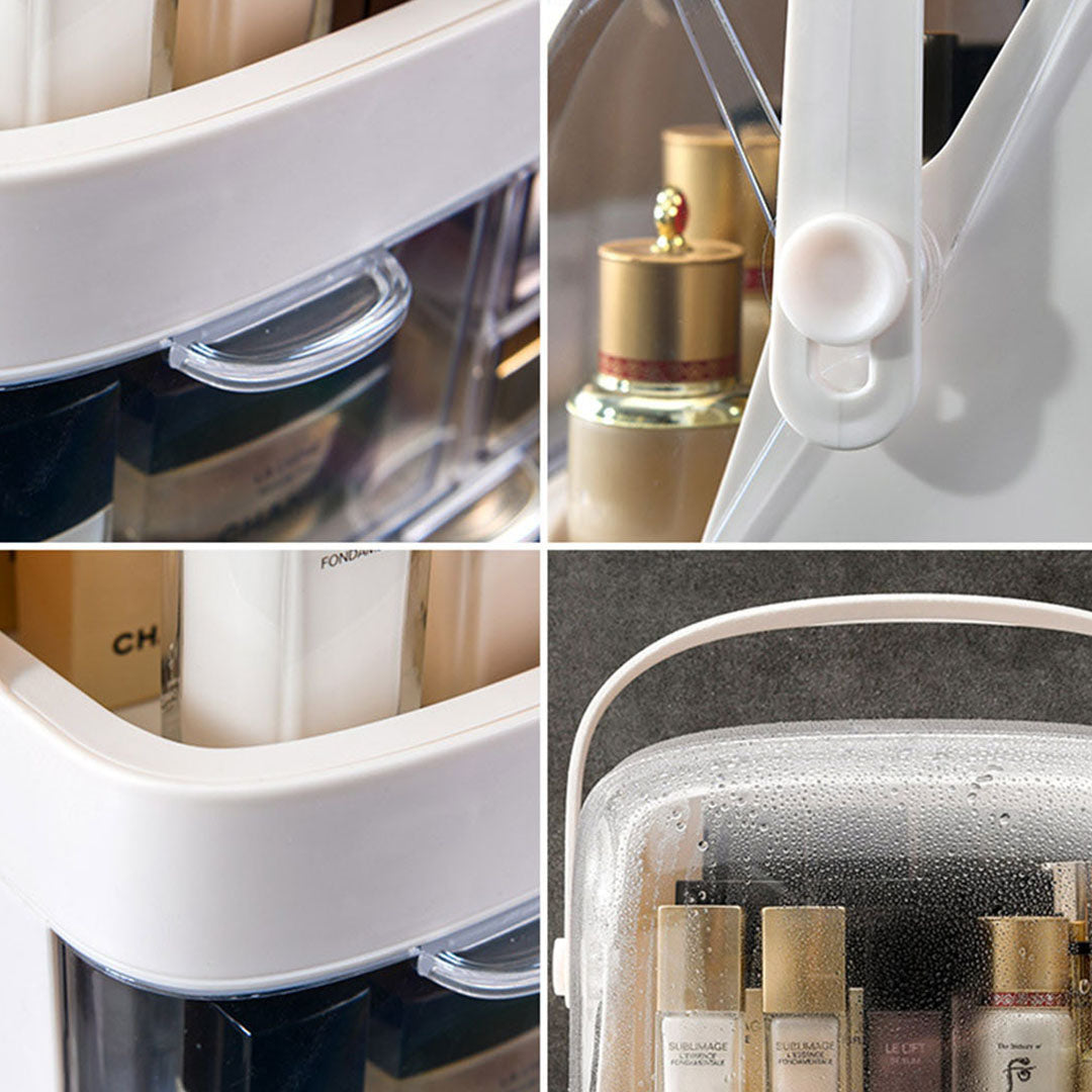 White 2 Tier Cosmetic Storage with Brush Lipstick Holder Organiser and LED Light Tabletop Mirror Set