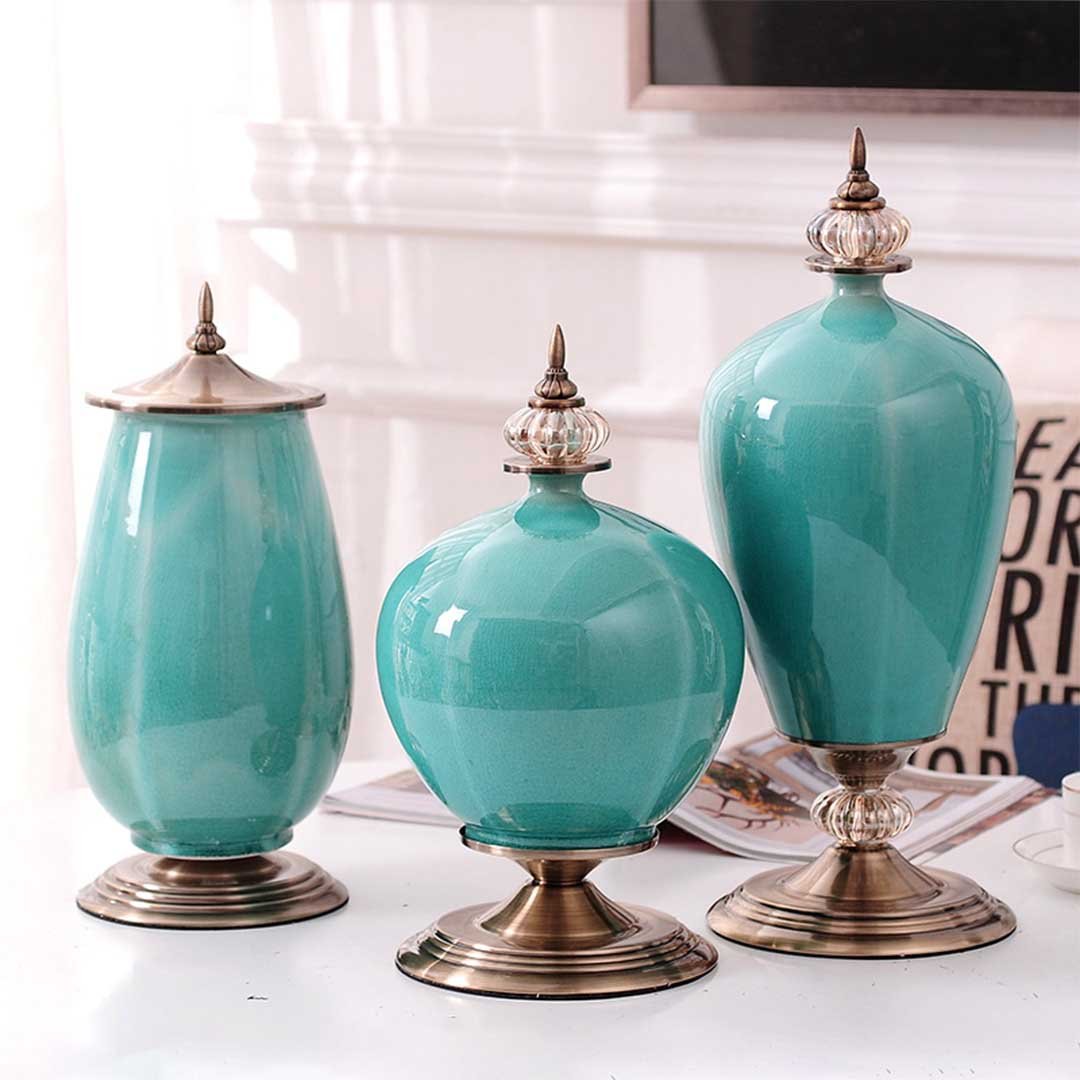 38cm Ceramic Vase with Gold Metal Base Green