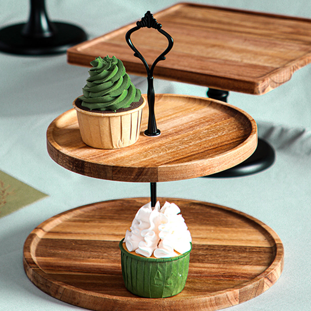 20cm 2 Tier  Brown Round Wooden Acacia board