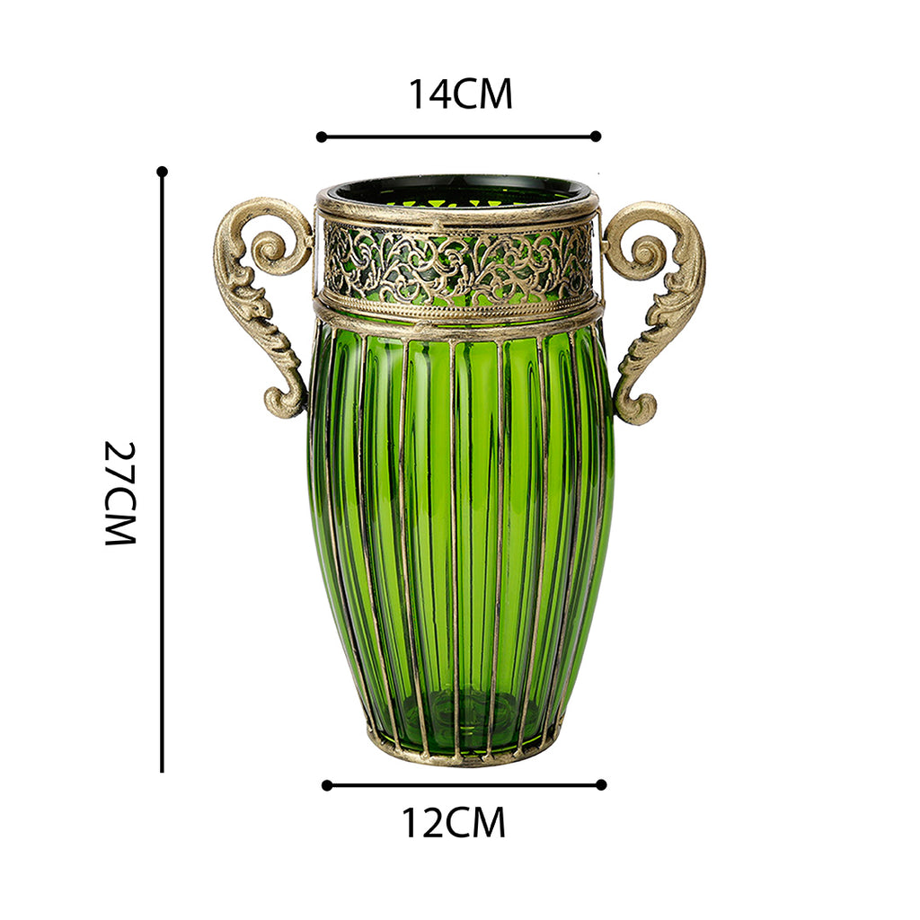 Green European Glass Flower Vase with Two Metal Handle