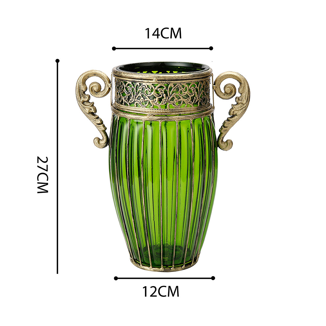 Green European Glass Flower Vase with Two Metal Handle