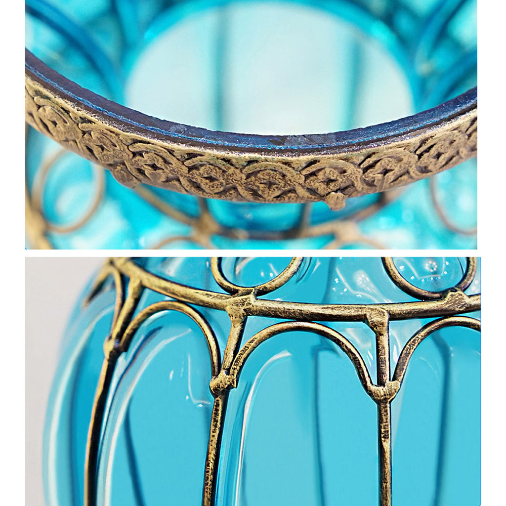 Blue European Glass Floor Flower Vase with Metal Stand