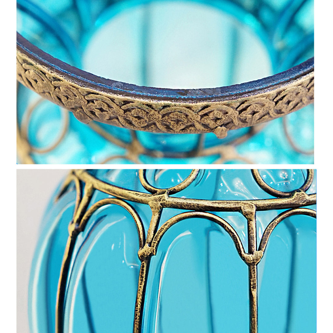 Blue European Glass Floor Flower Vase with Metal Stand