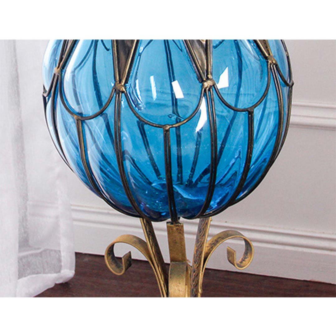 85cm Green Glass Floor Vase with Tall Metal Stand