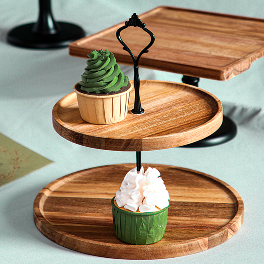 15cm 2 Tier  Brown Round Wooden Acacia board