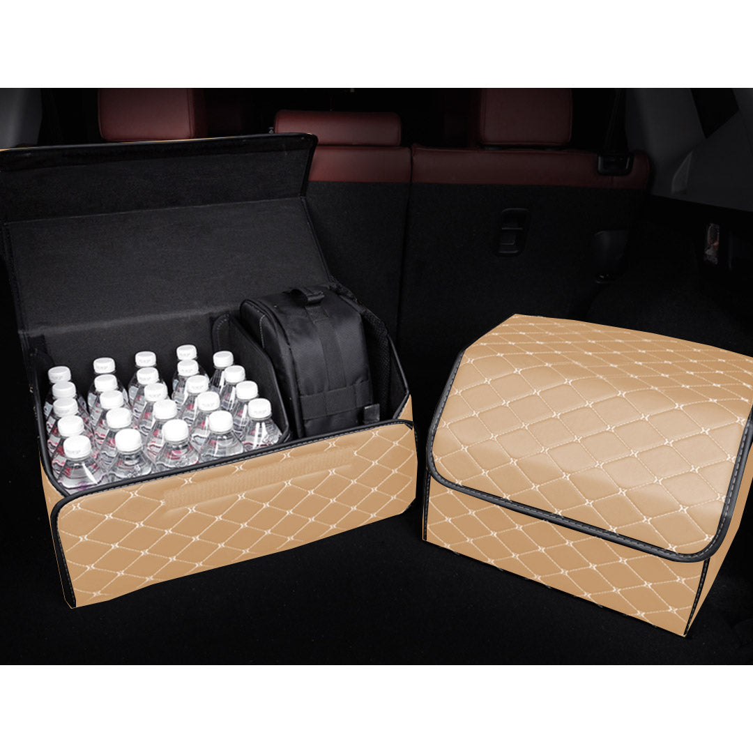 Leather Car Boot Foldable Trunk Cargo Organizer Box Beige/Gold Stitch Large