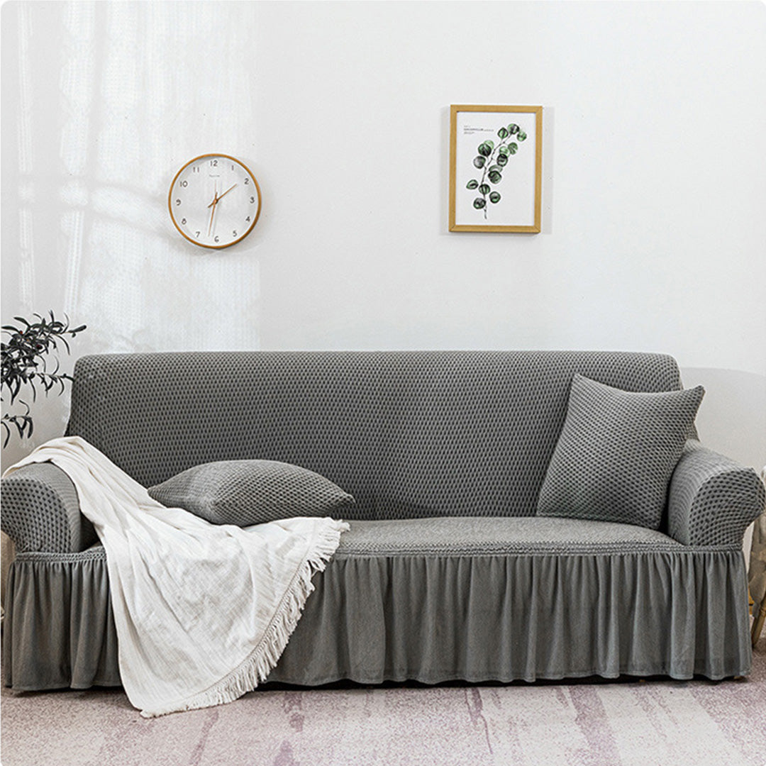 Grey Colored 3- Seater Sofa Cover with Ruffled Skirt