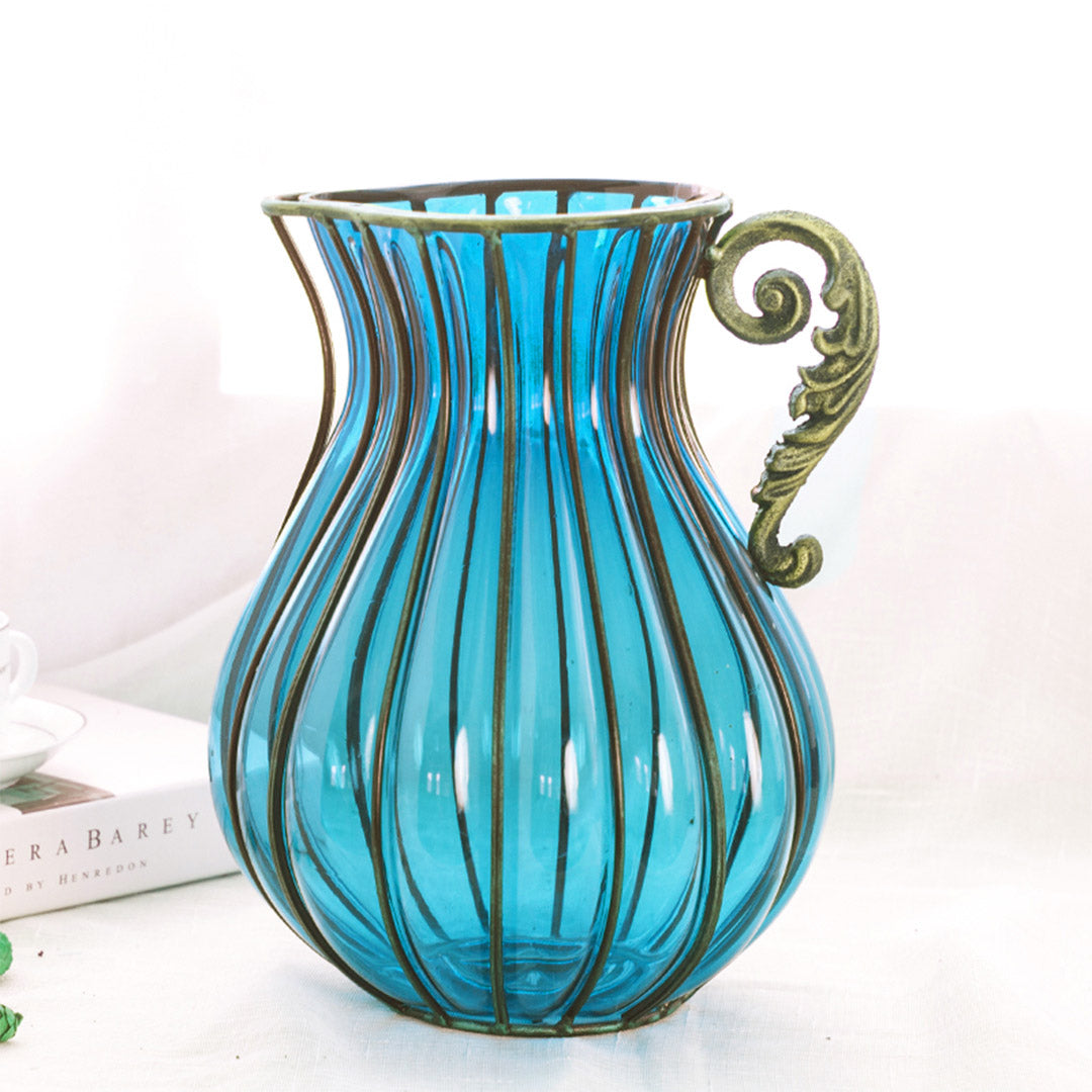 Blue Glass Flower Vase with 10 Bunch 6 Heads Artificial Silk Lilium nanum Set