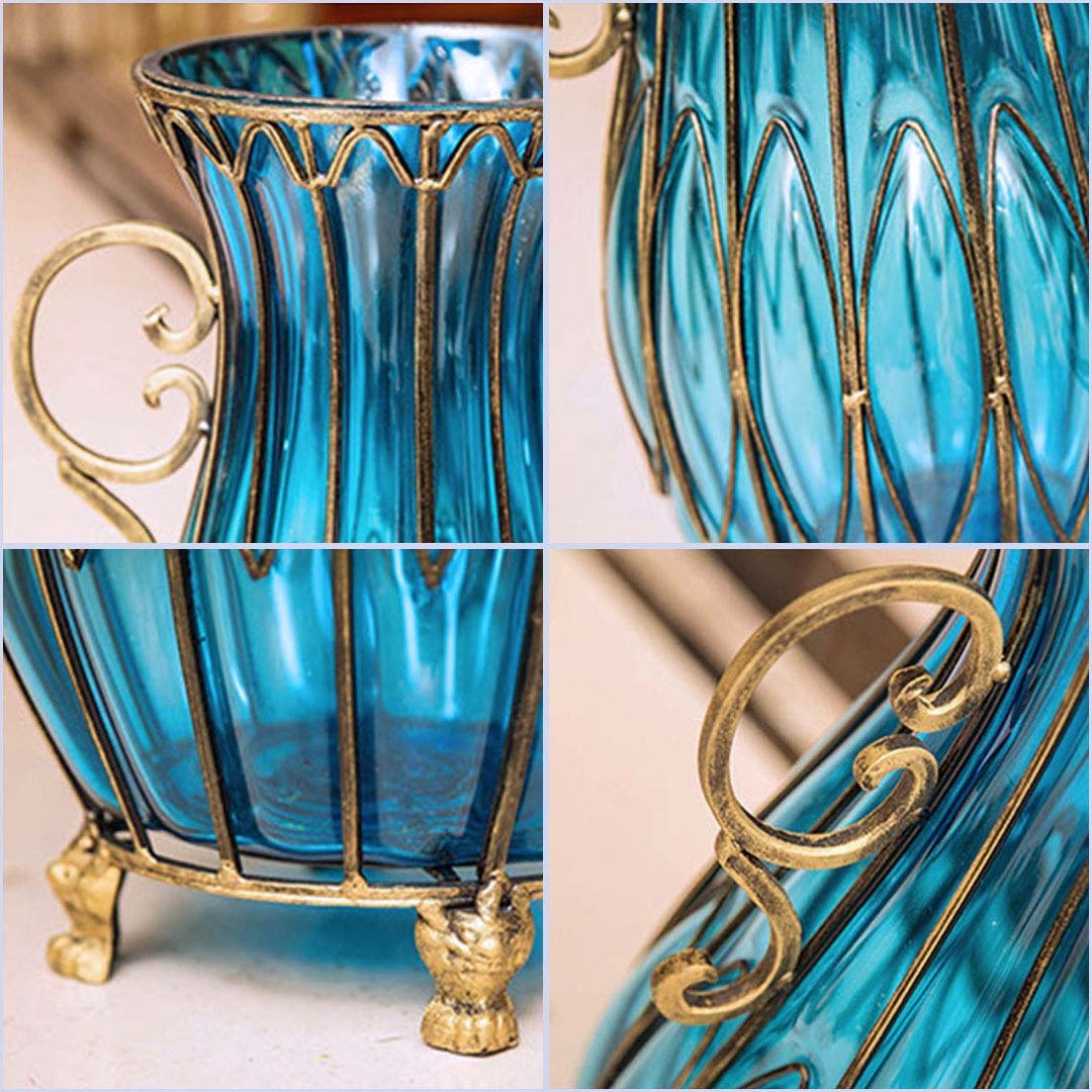 51cm Blue Glass Floor Vase with Metal Stand