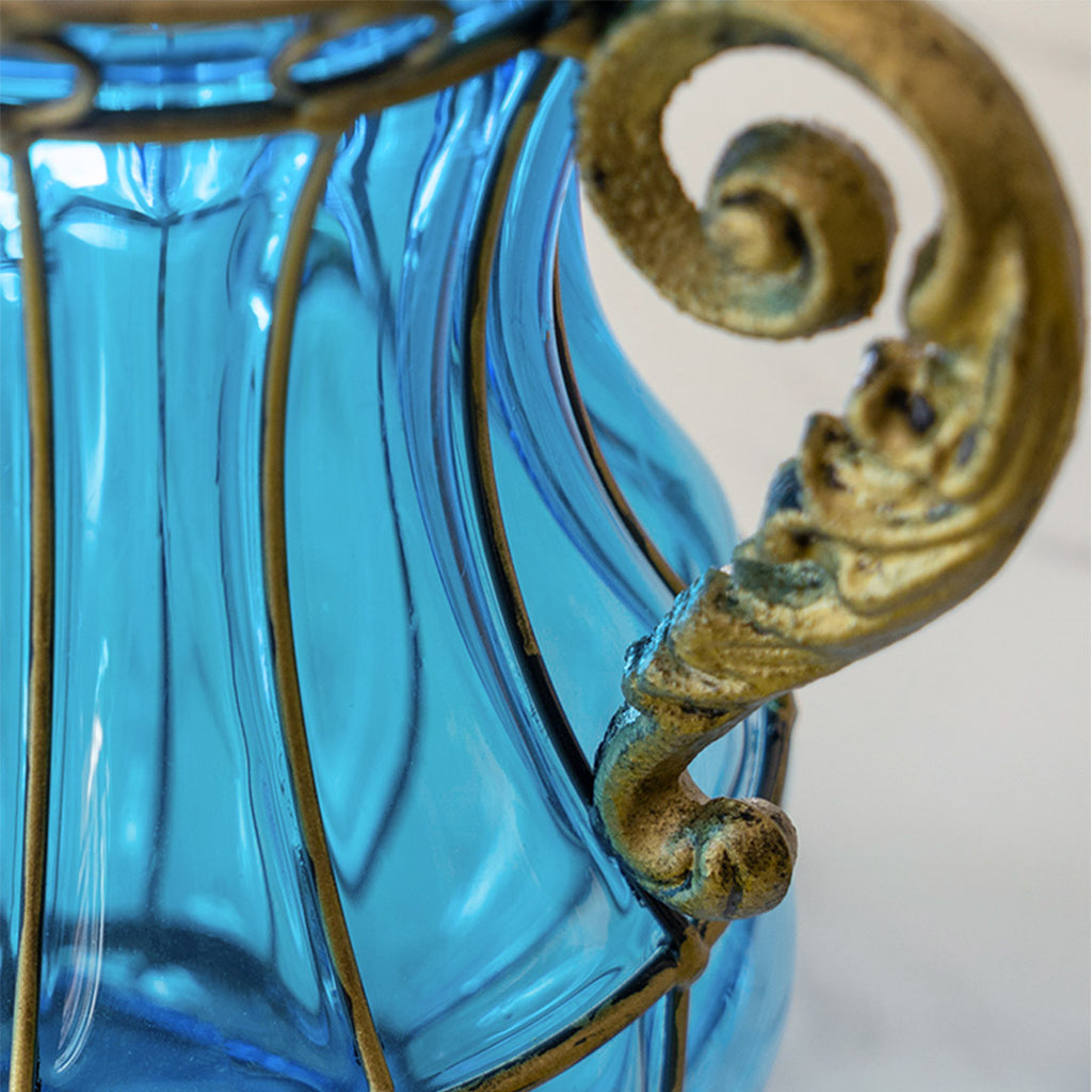 Blue Glass Flower Vase with 10 Bunch 6 Heads Artificial Silk Rose Set