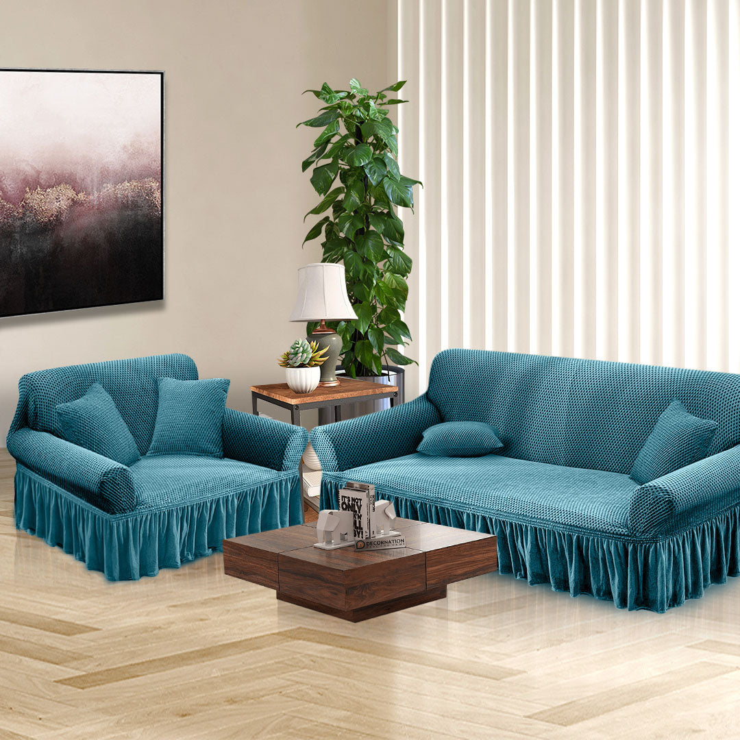 Blue Colored 2- Seater Sofa Cover with Ruffled Skirt