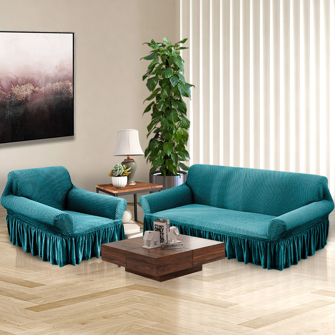 Blue Colored 1- Seater Sofa Cover with Ruffled Skirt