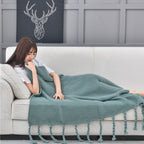 Green Tassel Fringe Knitted Throw Blanket