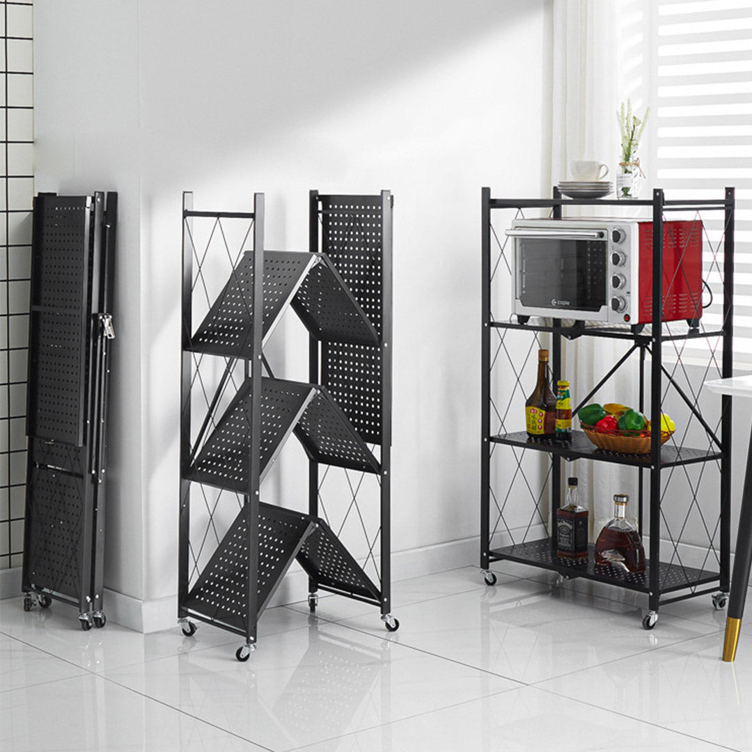 4 Tier Foldable Kitchen Shelves with Wheels Black