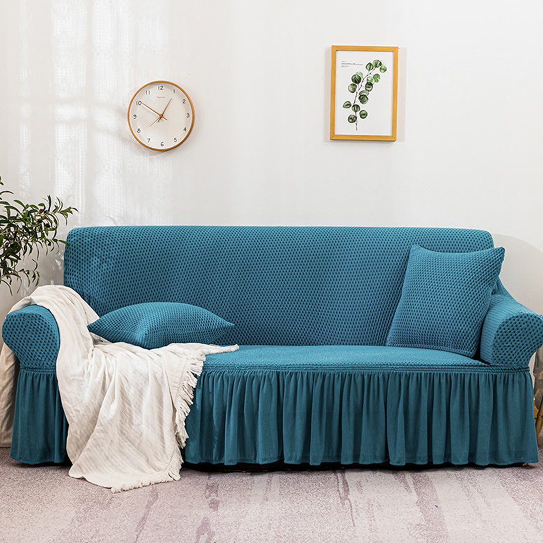 Blue Colored 3- Seater Sofa Cover with Ruffled Skirt