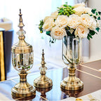 2x Clear Bronze Glass Vase with Lid and Pink Flower Set