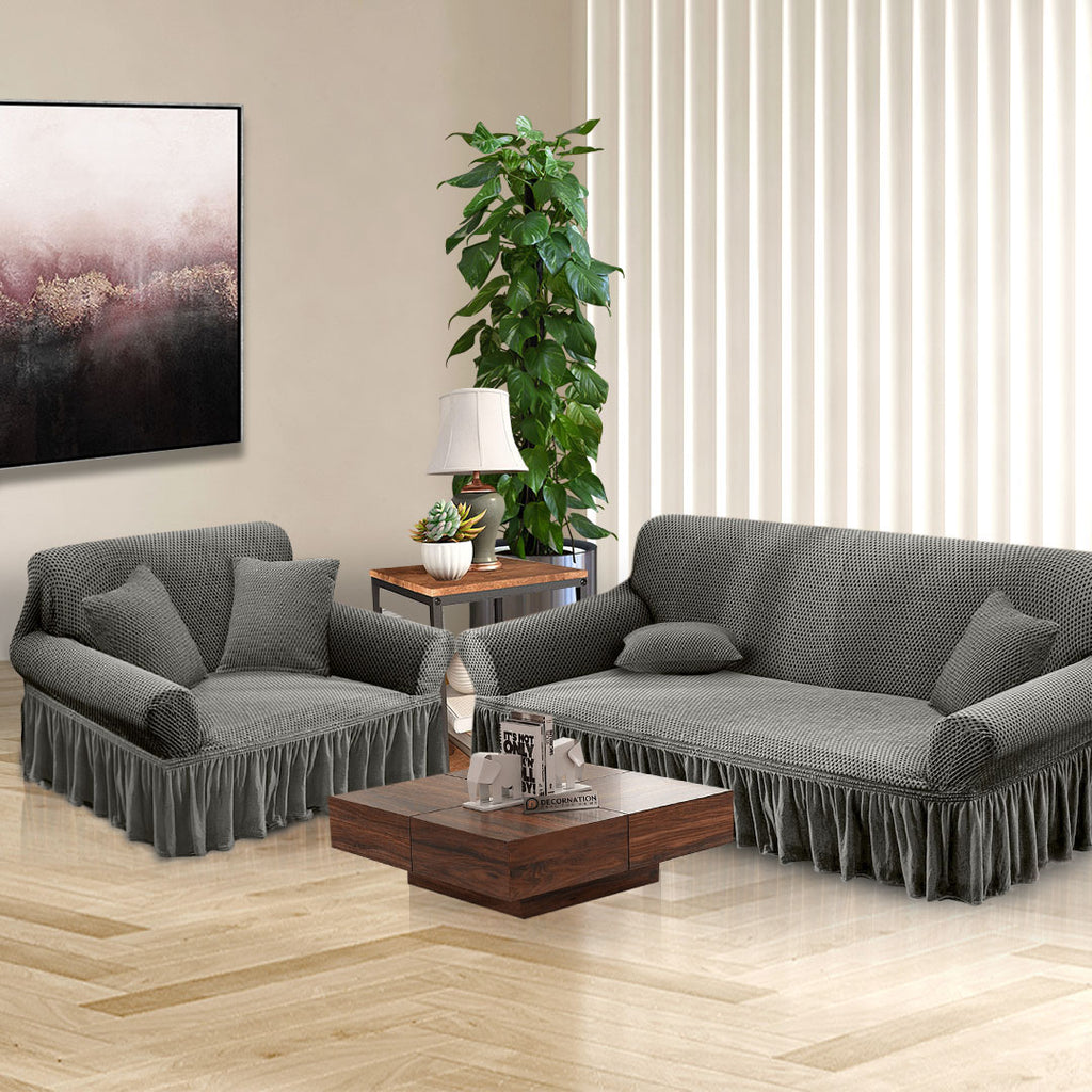 Grey Colored 2- Seater Sofa Cover with Ruffled Skirt