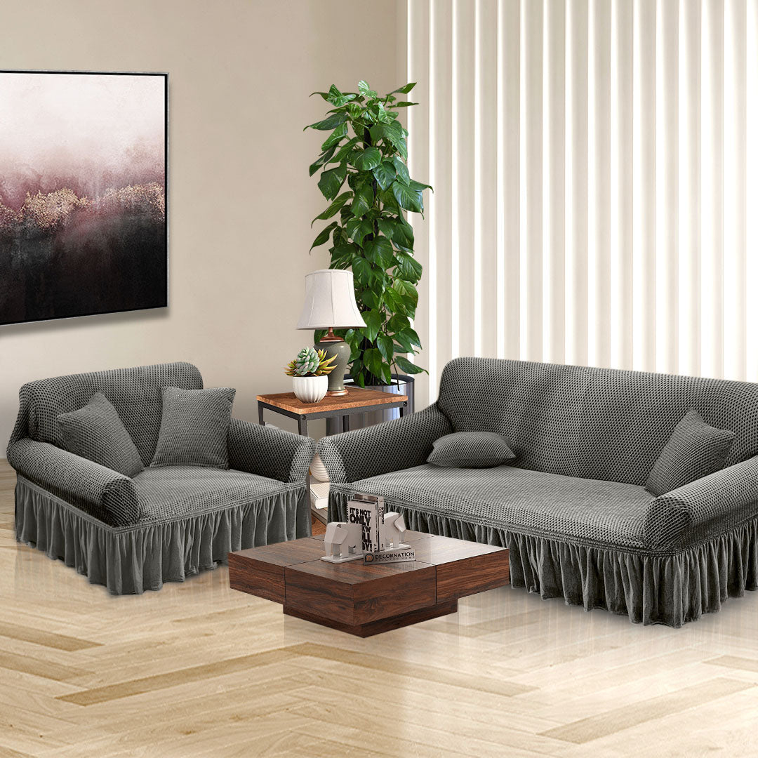 Grey Colored 2- Seater Sofa Cover with Ruffled Skirt