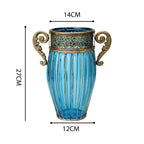 Blue European Glass Flower Vase with Two Metal Handle