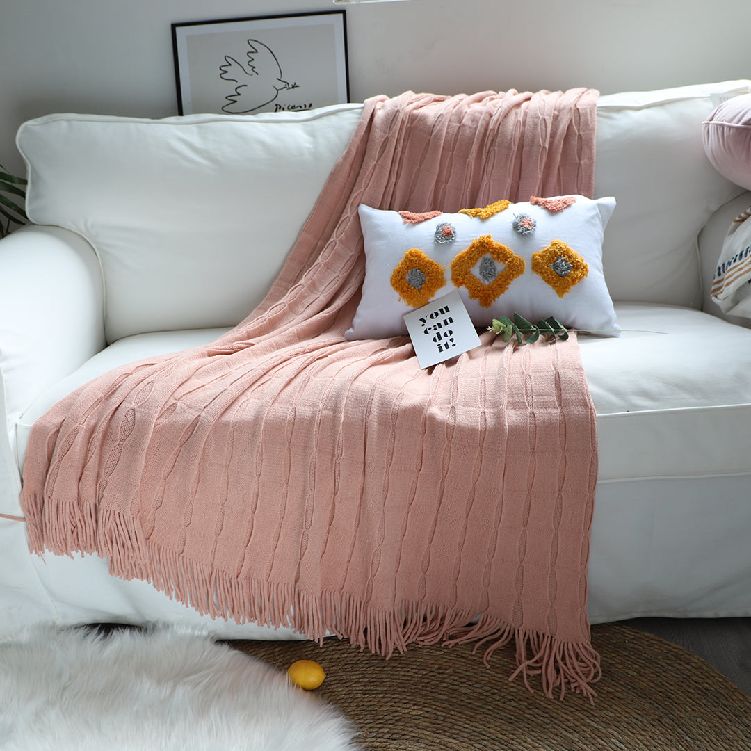 Pink Textured Knitted Throw Blanket