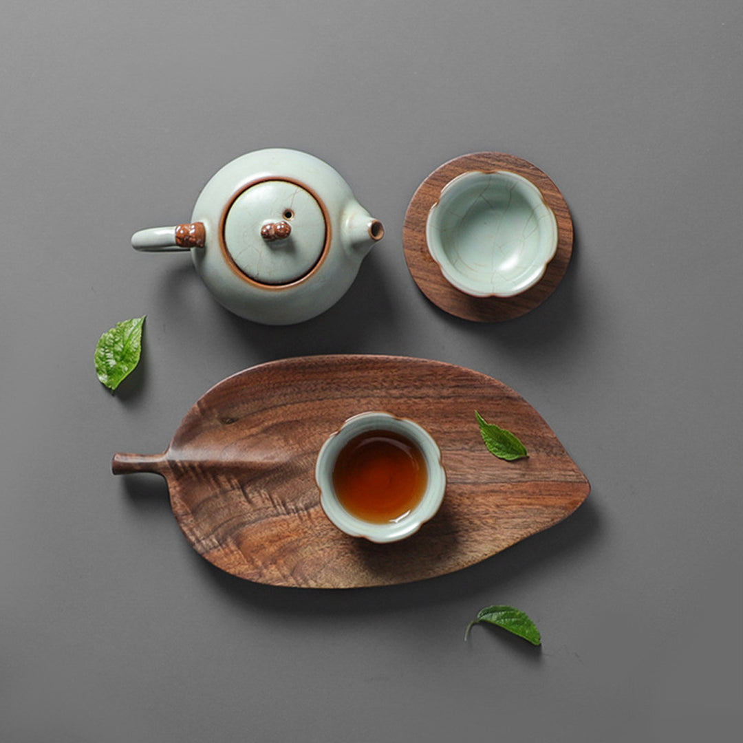 Set of 2 Walnut Leaf Shape Wooden Tray
