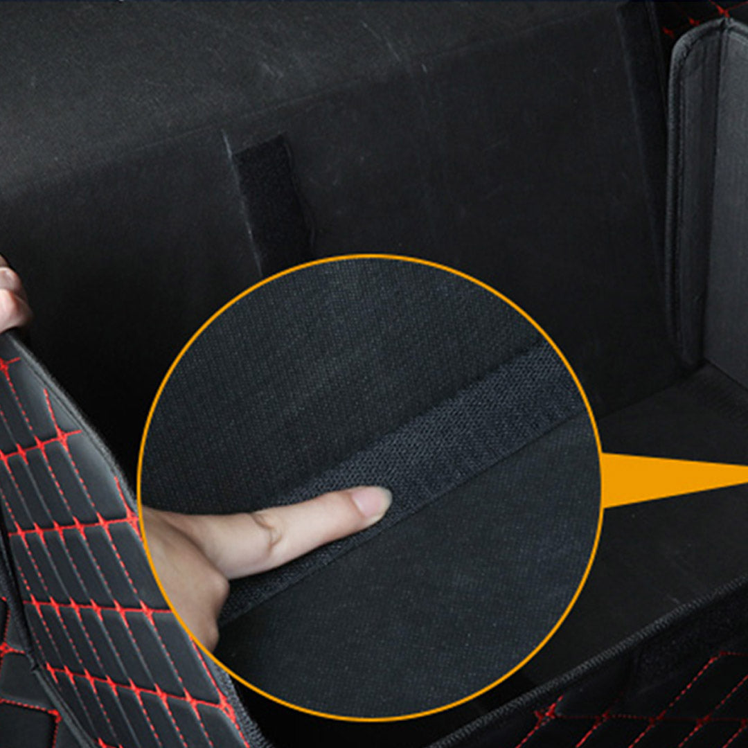 Leather Car Boot Foldable Trunk Cargo Organizer Box Black/Red Stitch Large