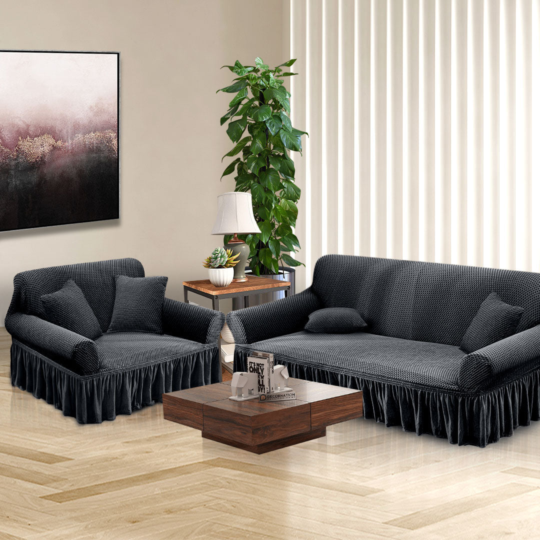 Dark Grey Colored 2- Seater Sofa Cover with Ruffled Skirt
