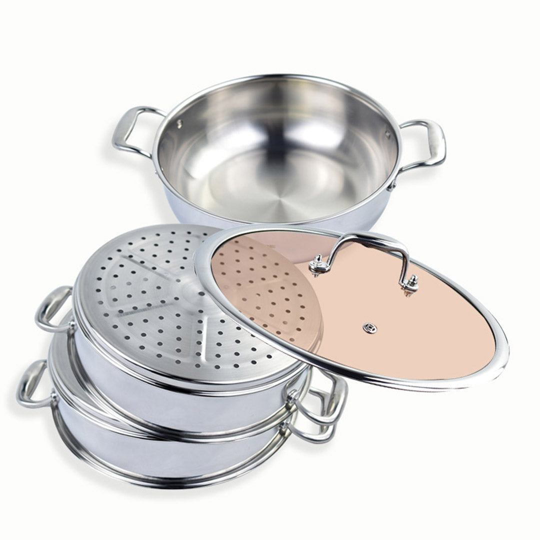3 Tier 32cm Stainless Steel Food Steamer with Glass Lid