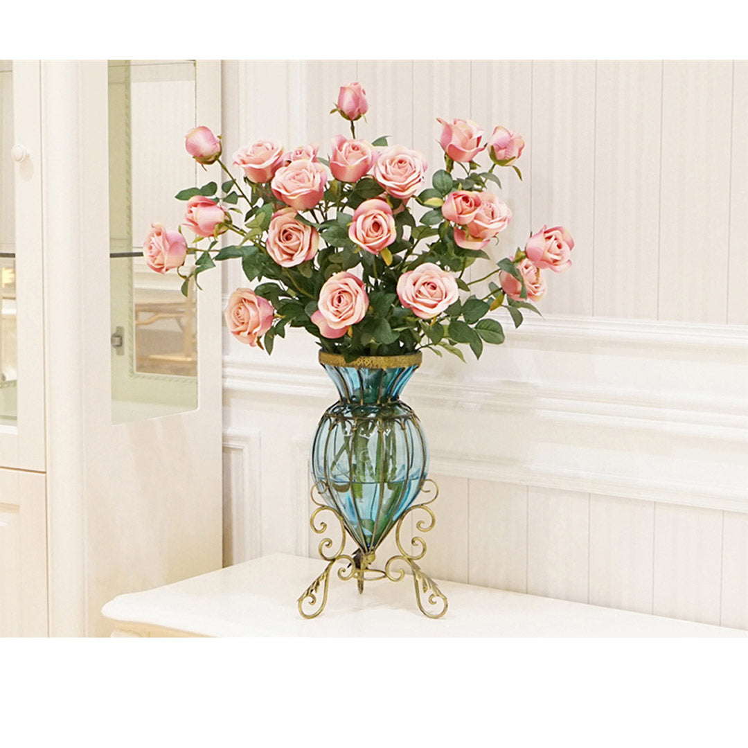Blue European Glass Floor Flower Vase with Metal Stand