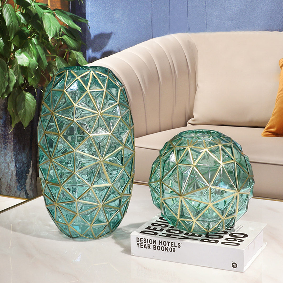 Green Diamond Cut Glass Flower Vase with Gold Accent