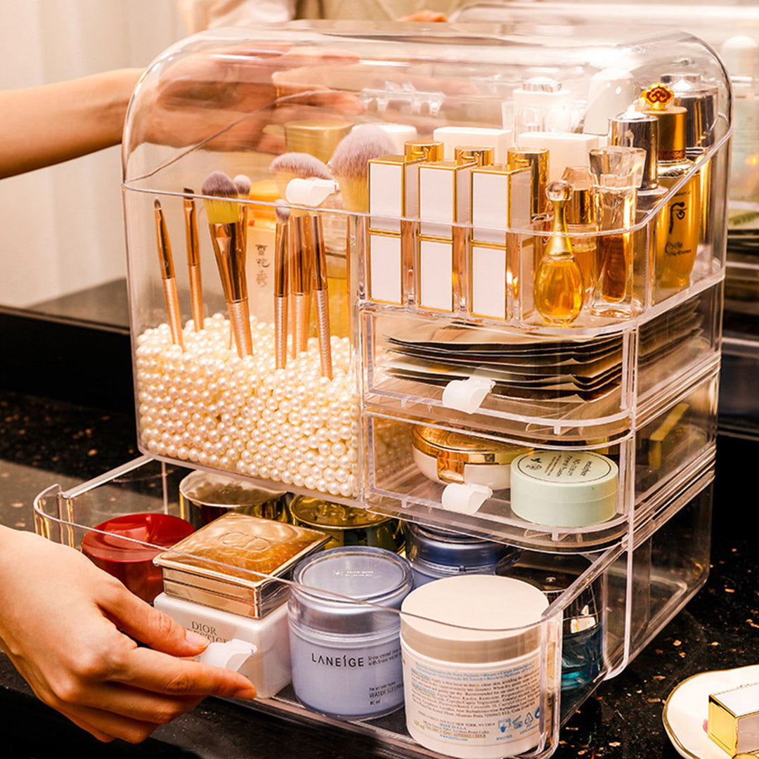 Transparent Cosmetic Storage Box with Pearls