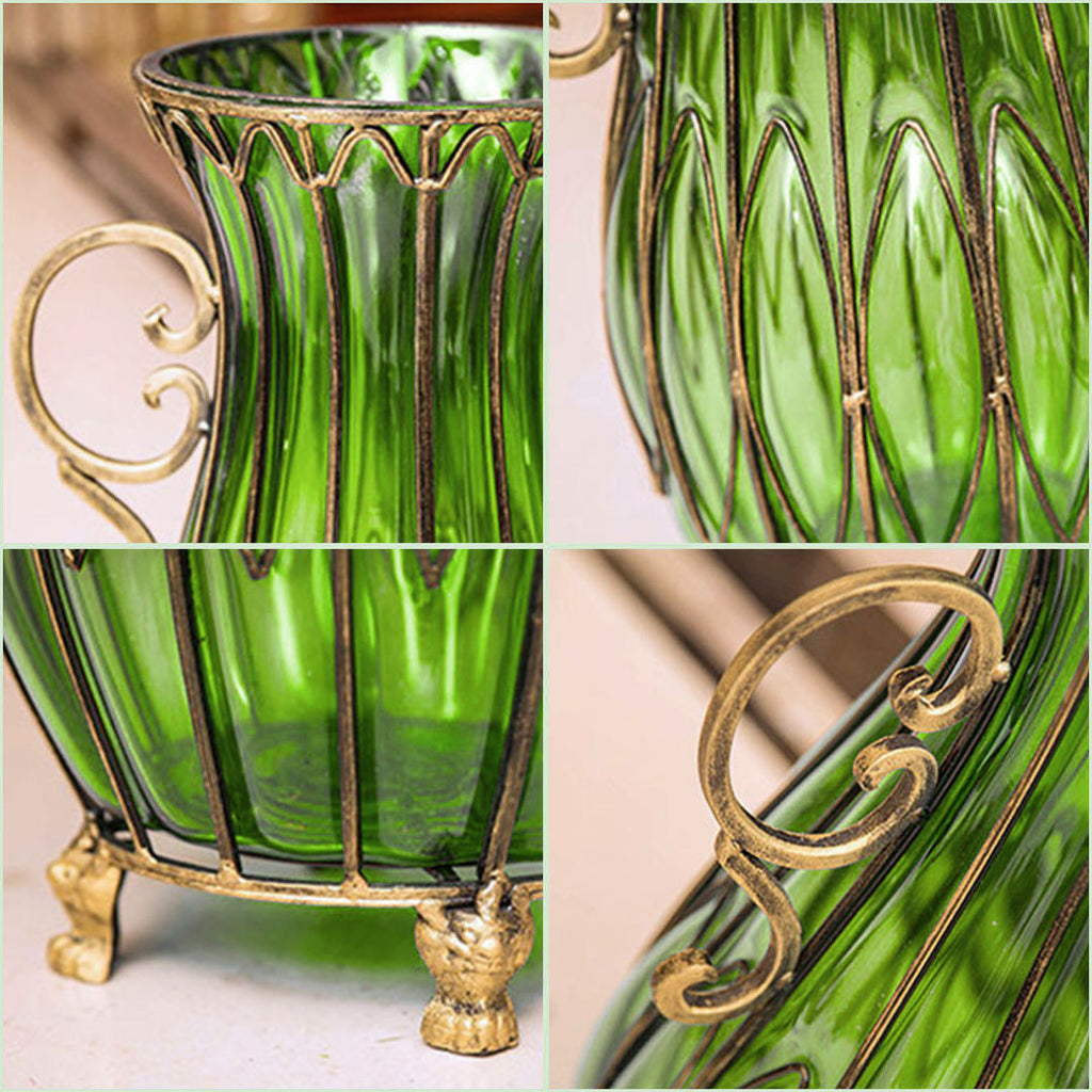 51cm Green Glass Floor Vase with 12pcs Artificial Flower Set