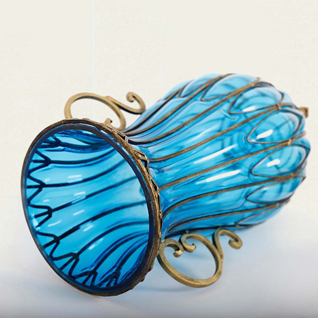 51cm Blue Glass Floor Vase with Metal Stand