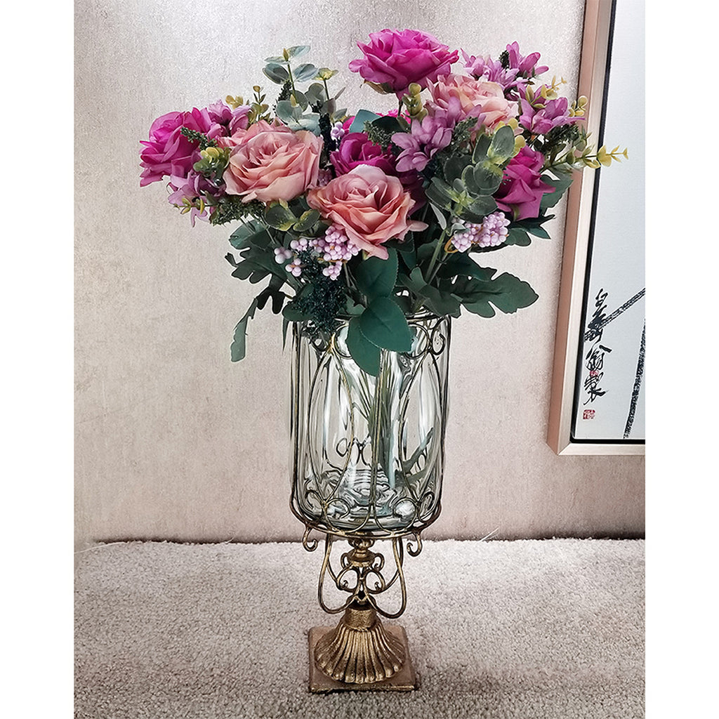 European Clear Glass Flower Vase with Gold Metal Pattern