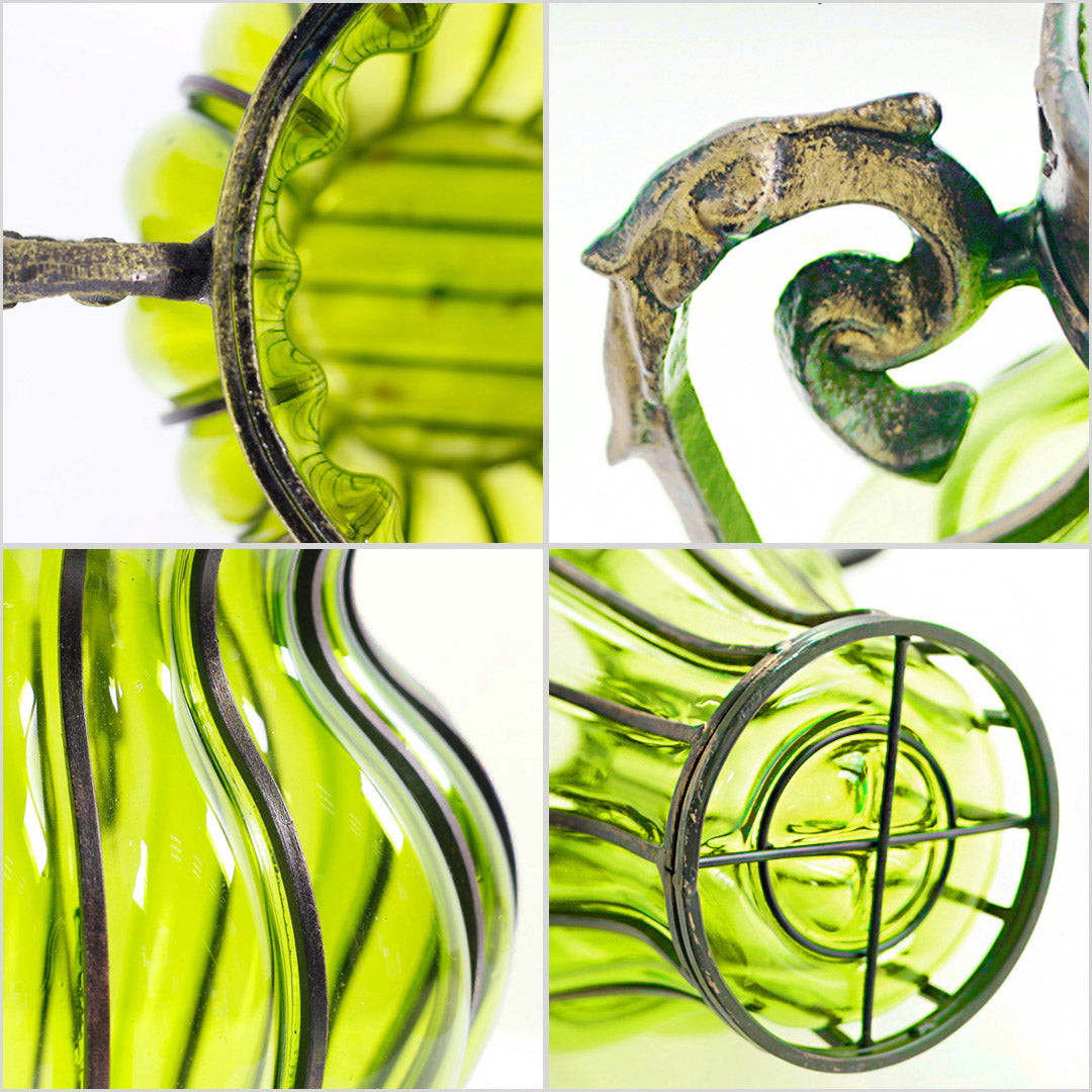 Green Glass Flower Vase with 10 Bunch 6 Heads Artificial Silk Rose Set
