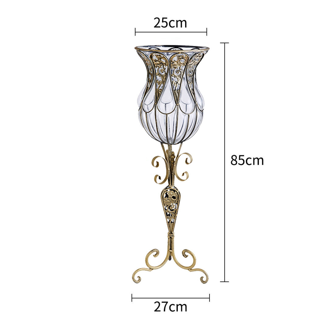 85cm European Clear Glass Floor Flower Vase with Tall Metal Stand