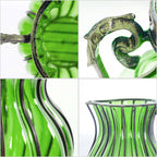 Green Glass Flower Vase with 4 Bunch 9 Heads Artificial Silk Rose Set