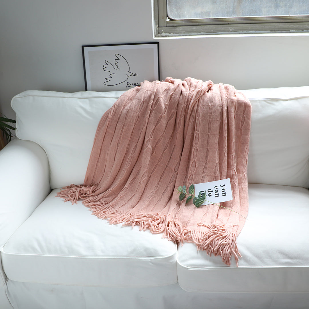 Pink Textured Knitted Throw Blanket
