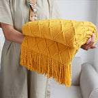 Yellow Diamond Pattern Knitted Throw Blanket