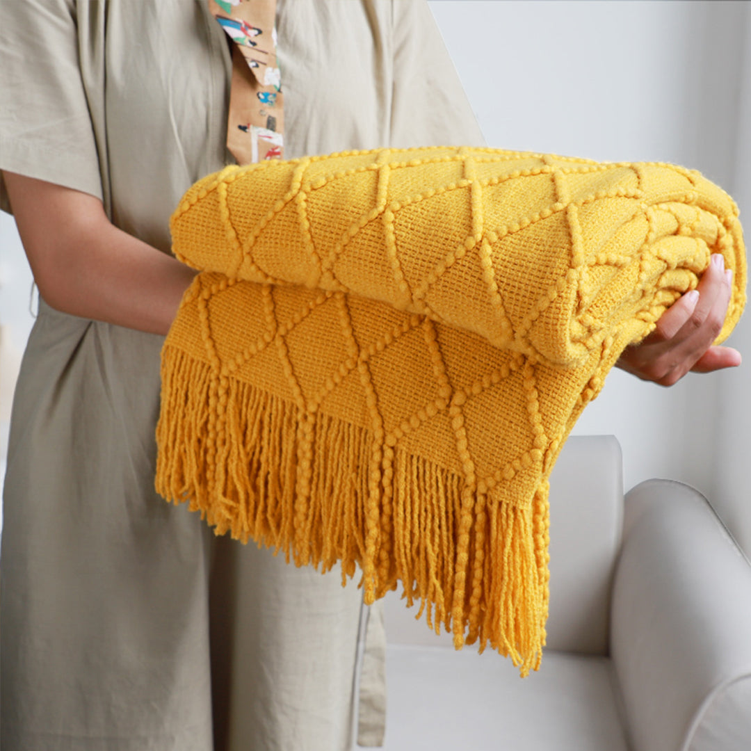 Yellow Diamond Pattern Knitted Throw Blanket