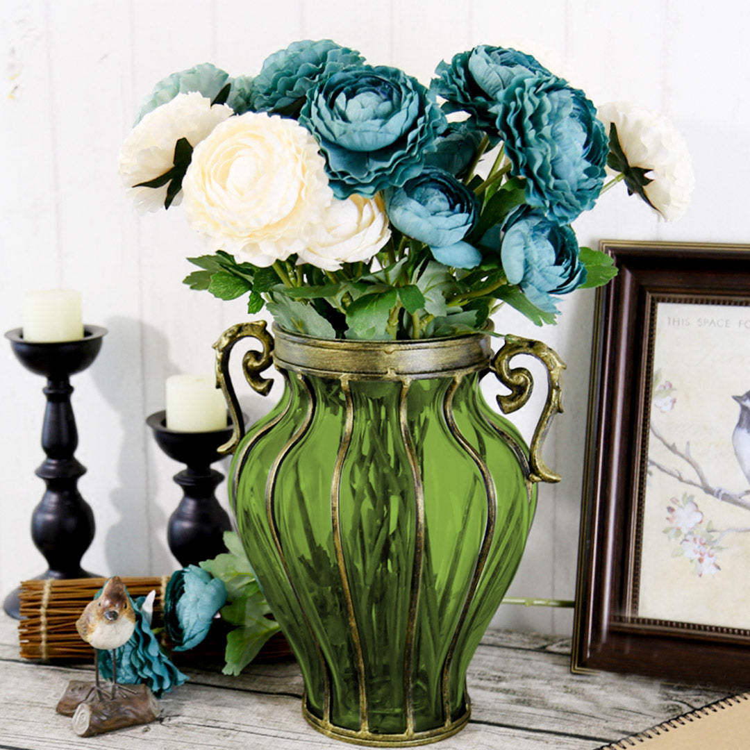 Green European Glass Flower Vase with Two Metal Handle