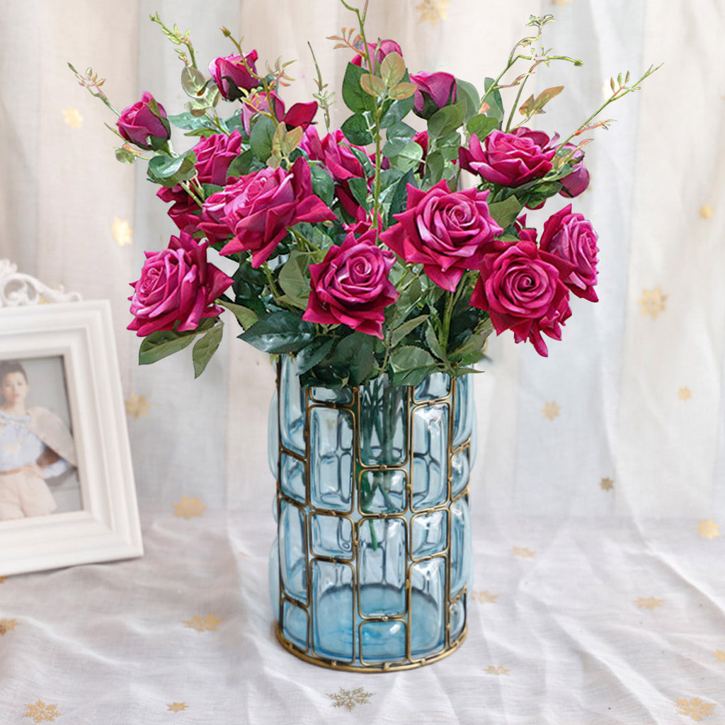 Blue Glass Cylinder Flower Vase with 8 Bunch 5 Heads Artificial Silk Rose Set