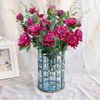 Blue Glass Cylinder Flower Vase with 8 Bunch 5 Heads Artificial Silk Rose Set
