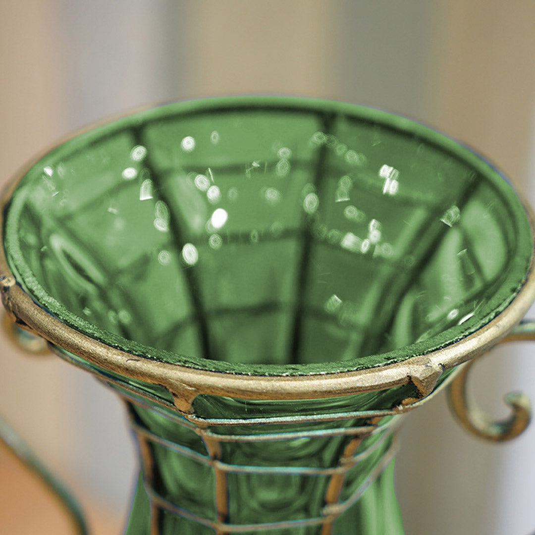 Green European Glass Flower Vase with Two Gold Metal Handle
