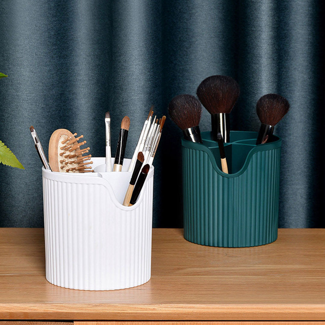 White 2 Tier Cosmetic Storage with Brush Lipstick Holder Organiser and LED Light Tabletop Mirror Set